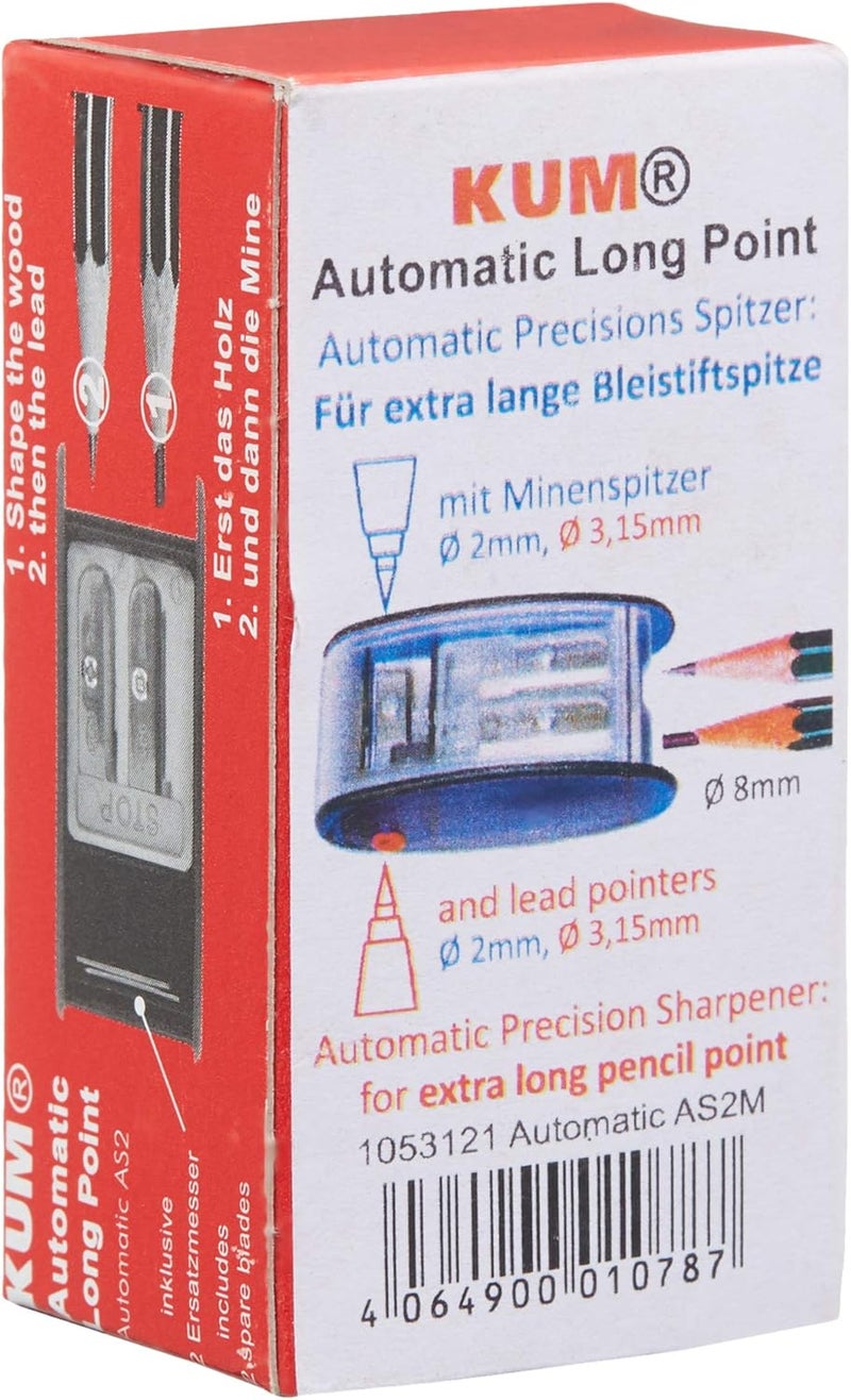 Kum AS2M (1053121), Long Point Sharpener, sharpens in 2 steps; 2 spare blades includes. With lead pointers for 2 mm and 3.2 mm. BLUE only - Image 4