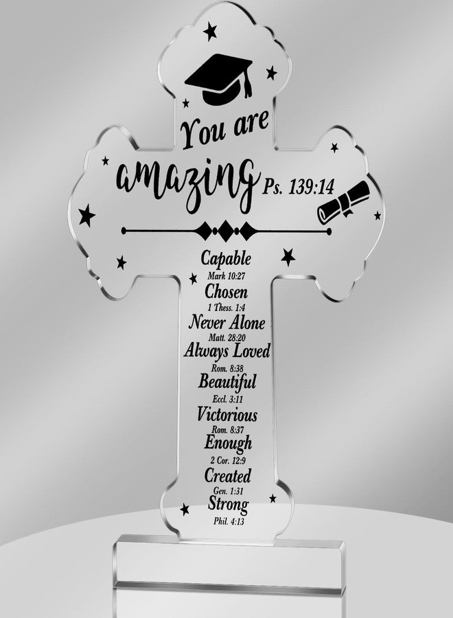 Quzzil Graduation Gift for Her Him Class of 2026 Religious Graduation Acrylic Standing Cross for Senior College Inspirational Bible Verse Acrylic Grad Gift Christian Scripture Desk(Classic) - Image 1