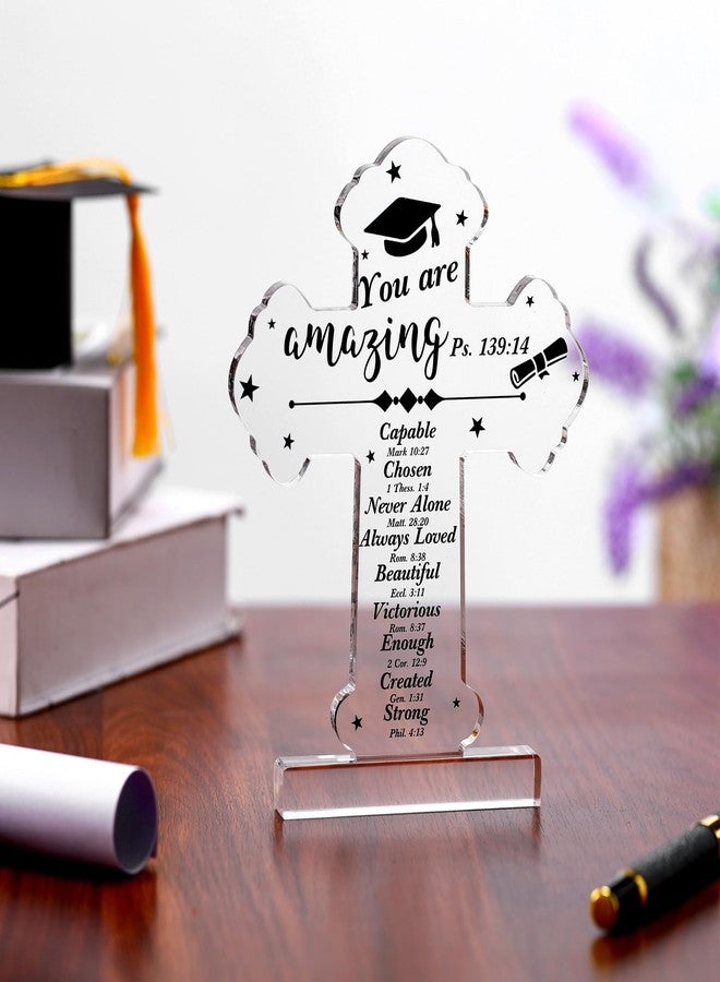 Quzzil Graduation Gift for Her Him Class of 2026 Religious Graduation Acrylic Standing Cross for Senior College Inspirational Bible Verse Acrylic Grad Gift Christian Scripture Desk(Classic) - Image 4