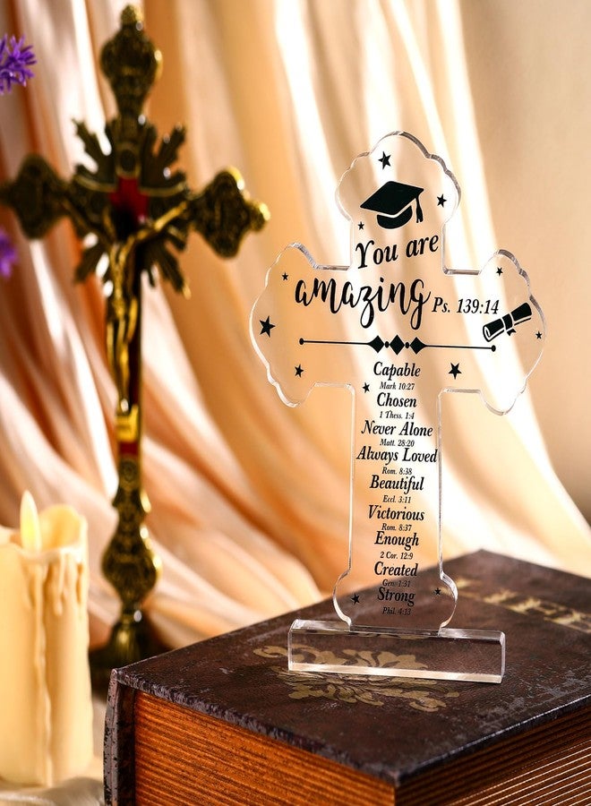Quzzil Graduation Gift for Her Him Class of 2026 Religious Graduation Acrylic Standing Cross for Senior College Inspirational Bible Verse Acrylic Grad Gift Christian Scripture Desk(Classic) - Image 3