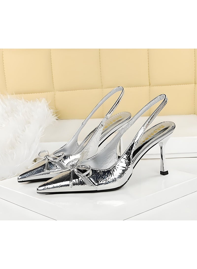 بيج تري المرأة قوس مضخات مغلقة أشارت إصبع القدم الكعب العالي الحزب فستان الصنادل الفضة 8CM - Image 1