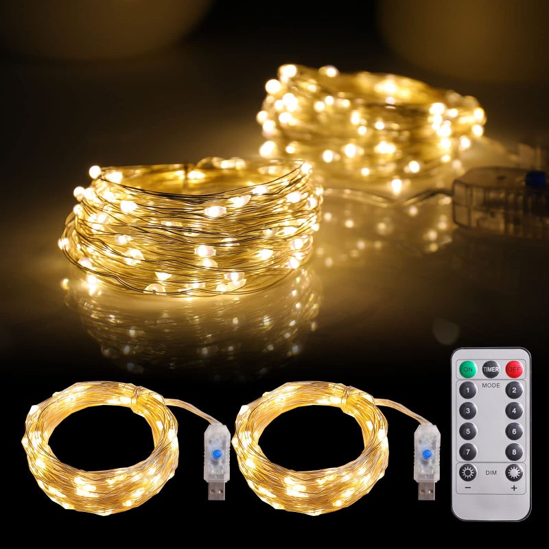 mandiq 2 Pack Fairy Lights 100 LED 33 FT Christmas Lights USB Powered Silver Wire String Lights Mini Lights with Remote Control are Suitable for Home Decorations Warm White