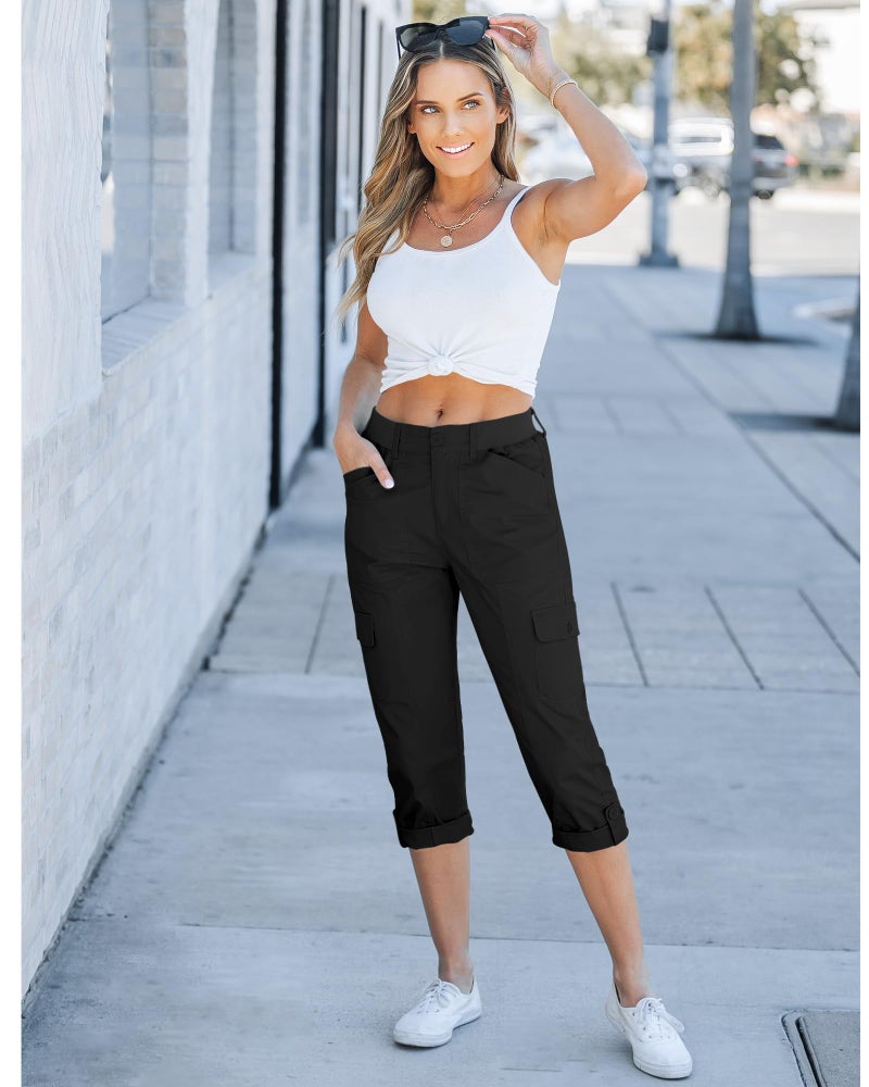 GRAPENT Women's Cargo Pants with Pockets - Summer Clothes Short Pants for Women - Lounge Pants Elastic Waist - Capris and Cropped Pants - Black - Size 12, 14 - Image 5