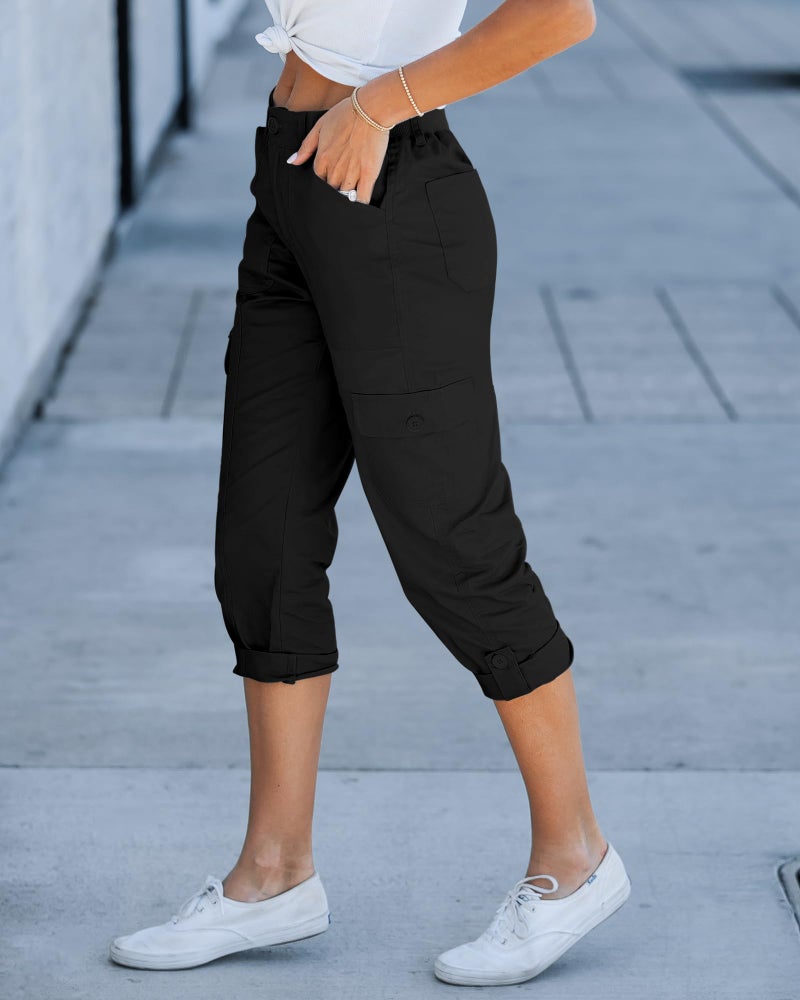 GRAPENT Women's Cargo Pants with Pockets - Summer Clothes Short Pants for Women - Lounge Pants Elastic Waist - Capris and Cropped Pants - Black - Size 12, 14 - Image 3