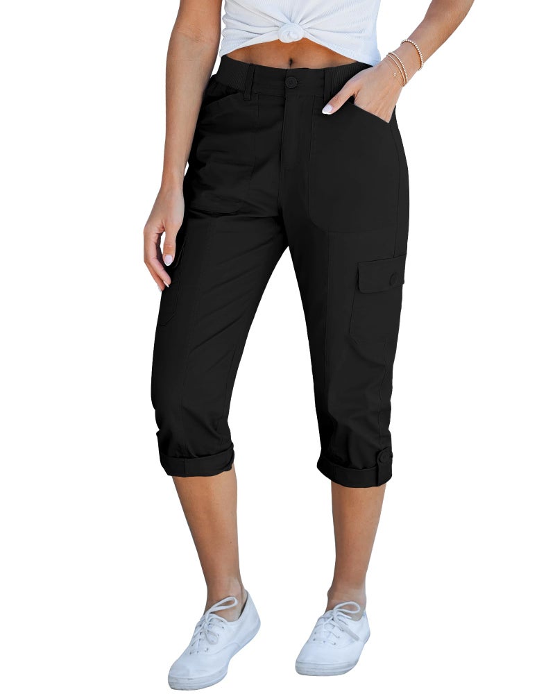 GRAPENT Women's Cargo Pants with Pockets - Summer Clothes Short Pants for Women - Lounge Pants Elastic Waist - Capris and Cropped Pants - Black - Size 12, 14 - Image 1