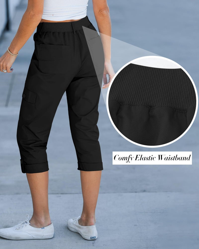GRAPENT Women's Cargo Pants with Pockets - Summer Clothes Short Pants for Women - Lounge Pants Elastic Waist - Capris and Cropped Pants - Black - Size 12, 14 - Image 4