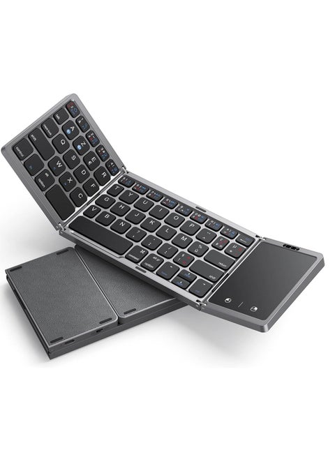 Foldable Bluetooth Keyboard with Touchpad – Mini Wireless Rechargeable Dual Bluetooth Keyboard for Laptop, Tablet, iPad – Compatible with Windows, iOS, Mac OS, Android – Grey