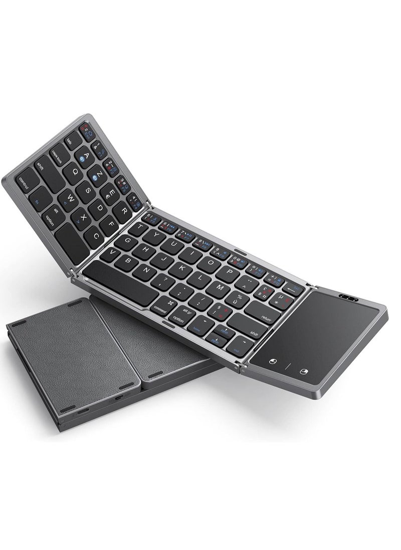 Generic - Foldable Bluetooth Keyboard with Touchpad – Mini Wireless Rechargeable Dual Bluetooth Keyboard for Laptop, Tablet, iPad – Compatible with Windows, iOS, Mac OS, Android – Grey - Image 1