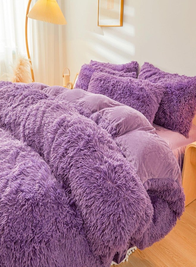 ERLOXO Fluffy Purple Faux Fur Comforter Cover Set，Fluffy Fuzzy Plush Purple Bedding 3Pcs (1 Faux Fur Duvet Cover +2 Fuzzy Pillowcases) Purple Fluffy Bed Set(Purple, Queen) - Image 4