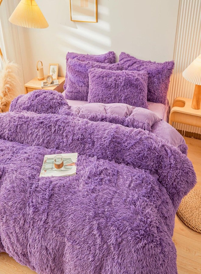 ERLOXO Fluffy Purple Faux Fur Comforter Cover Set，Fluffy Fuzzy Plush Purple Bedding 3Pcs (1 Faux Fur Duvet Cover +2 Fuzzy Pillowcases) Purple Fluffy Bed Set(Purple, Queen) - Image 3