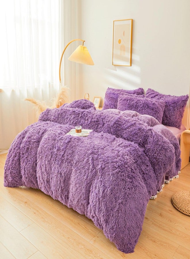 ERLOXO Fluffy Purple Faux Fur Comforter Cover Set，Fluffy Fuzzy Plush Purple Bedding 3Pcs (1 Faux Fur Duvet Cover +2 Fuzzy Pillowcases) Purple Fluffy Bed Set(Purple, Queen) - Image 2