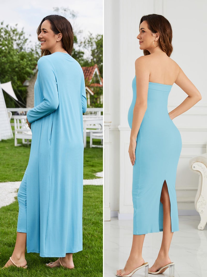 Ecavus Maternity Tube Dress Long Cardigan 2 Piece for Baby Shower and Wedding Guest Ribbed Maternity Photoshoot Dresses Light Blue - Image 5