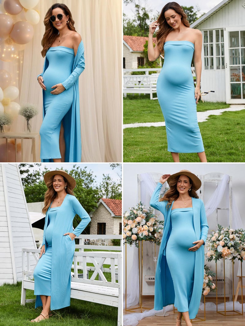 Ecavus Maternity Tube Dress Long Cardigan 2 Piece for Baby Shower and Wedding Guest Ribbed Maternity Photoshoot Dresses Light Blue - Image 4
