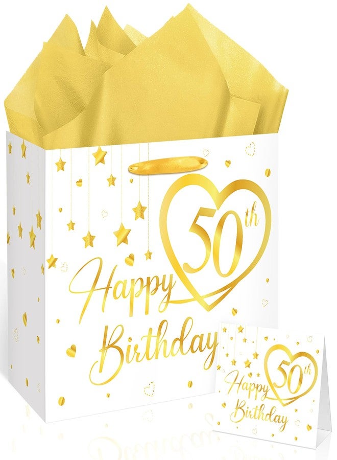 LUUFILx Happy 50th Birthday Gift Bag Gold White 50th Birthday Wrapping Bag with Tissue Paper Card Decorations for Women Men Wife Husband 50 Year Old Bday Wedding Anniversary Favors Goodie Bag Supplies - Image 1