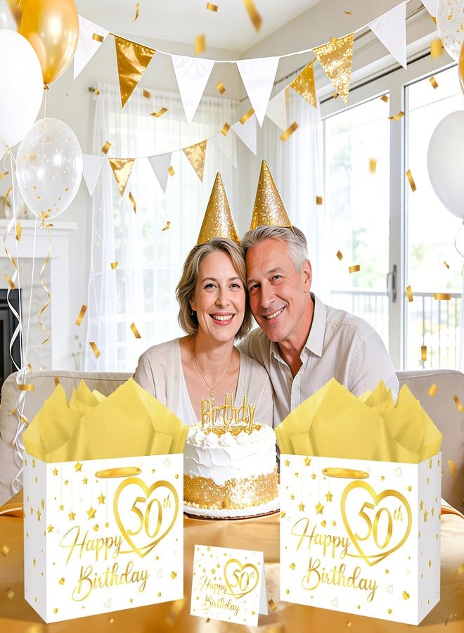 LUUFILx Happy 50th Birthday Gift Bag Gold White 50th Birthday Wrapping Bag with Tissue Paper Card Decorations for Women Men Wife Husband 50 Year Old Bday Wedding Anniversary Favors Goodie Bag Supplies - Image 2