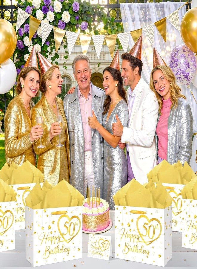 LUUFILx Happy 50th Birthday Gift Bag Gold White 50th Birthday Wrapping Bag with Tissue Paper Card Decorations for Women Men Wife Husband 50 Year Old Bday Wedding Anniversary Favors Goodie Bag Supplies - Image 5