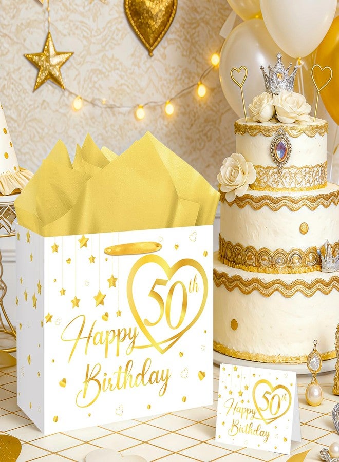 LUUFILx Happy 50th Birthday Gift Bag Gold White 50th Birthday Wrapping Bag with Tissue Paper Card Decorations for Women Men Wife Husband 50 Year Old Bday Wedding Anniversary Favors Goodie Bag Supplies - Image 4