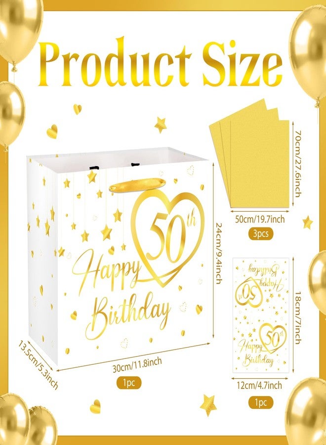 LUUFILx Happy 50th Birthday Gift Bag Gold White 50th Birthday Wrapping Bag with Tissue Paper Card Decorations for Women Men Wife Husband 50 Year Old Bday Wedding Anniversary Favors Goodie Bag Supplies - Image 3