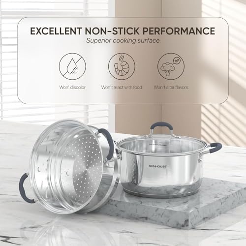 SUNHOUSE - 3.1 Quart Steamer Pots With Lid 2-Tier Multipurpose Stainless Steel Steaming Pot Cookware With Handle For Vegetable, Dumpling, Sauce, Food - Triple Bottom, Measurement Line - Image 4