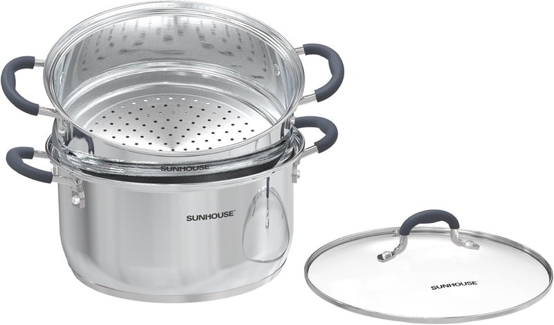 SUNHOUSE - 3.1 Quart Steamer Pots With Lid 2-Tier Multipurpose Stainless Steel Steaming Pot Cookware With Handle For Vegetable, Dumpling, Sauce, Food - Triple Bottom, Measurement Line - Image 1