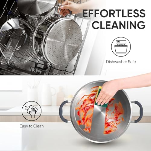 SUNHOUSE - 3.1 Quart Steamer Pots With Lid 2-Tier Multipurpose Stainless Steel Steaming Pot Cookware With Handle For Vegetable, Dumpling, Sauce, Food - Triple Bottom, Measurement Line - Image 5