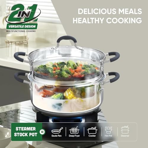SUNHOUSE - 3.1 Quart Steamer Pots With Lid 2-Tier Multipurpose Stainless Steel Steaming Pot Cookware With Handle For Vegetable, Dumpling, Sauce, Food - Triple Bottom, Measurement Line - Image 2
