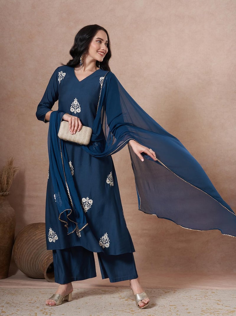 ANNI Designer Women's Rayon Viscose Anarkali Embroidery Kurta with Palazzo and Dupatta (UBHSUKH Kerosin_XXL_Kerosin_XX-Large) - Image 4