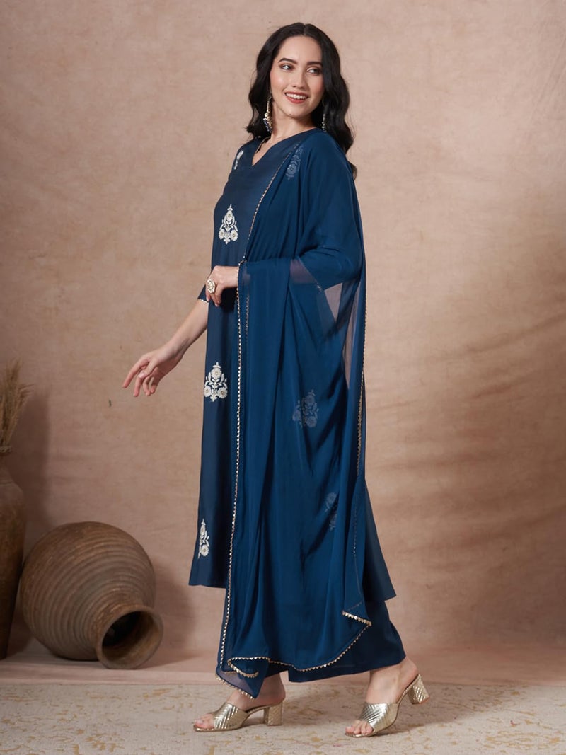 ANNI Designer Women's Rayon Viscose Anarkali Embroidery Kurta with Palazzo and Dupatta (UBHSUKH Kerosin_XXL_Kerosin_XX-Large) - Image 3
