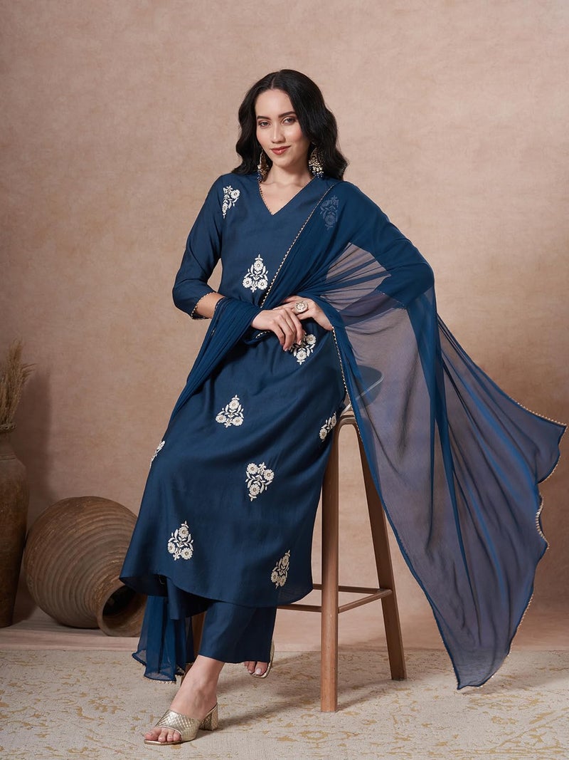 ANNI Designer Women's Rayon Viscose Anarkali Embroidery Kurta with Palazzo and Dupatta (UBHSUKH Kerosin_XXL_Kerosin_XX-Large) - Image 5
