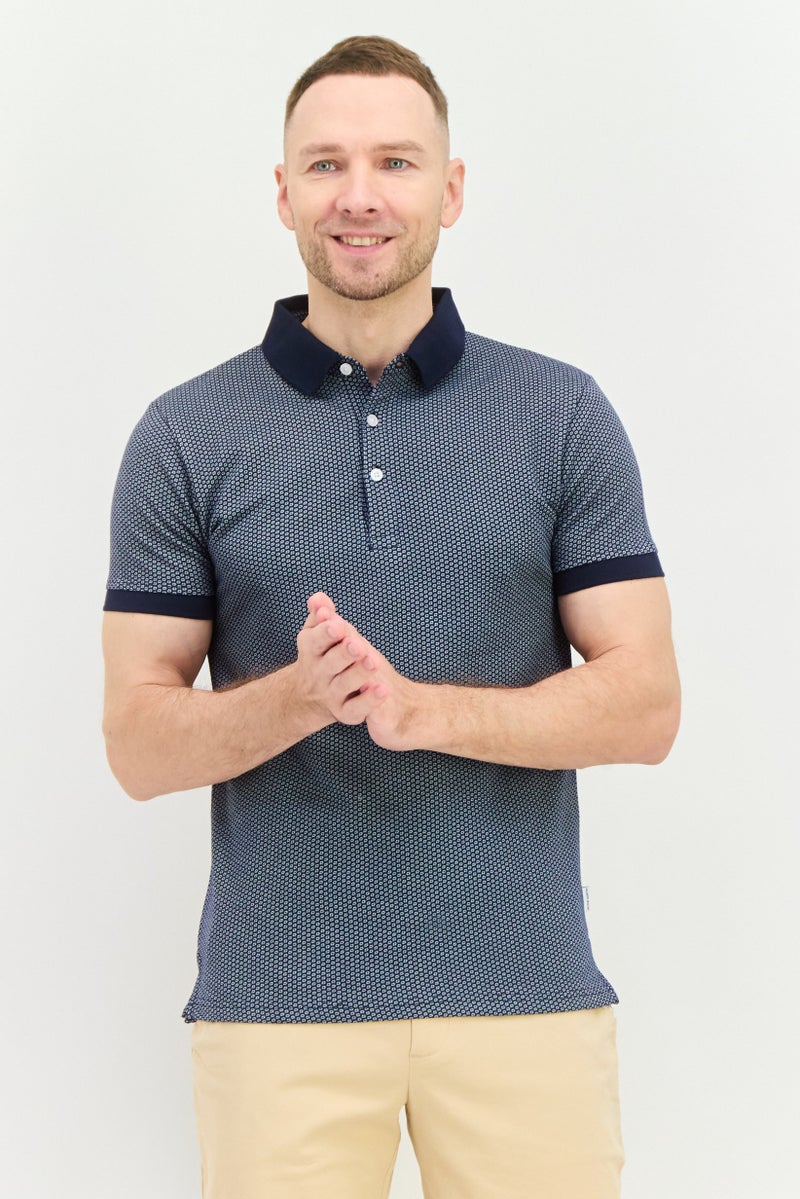 Peter Werth Men Regular Fit Short Sleeves Textured Polo Shirt, Navy - Image 1