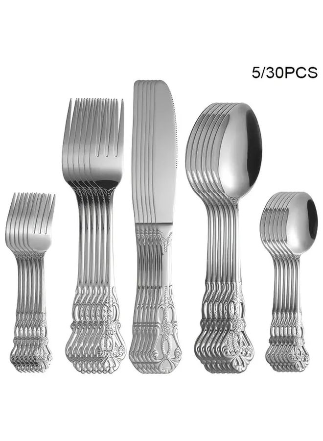 30 Pcs Stainless Steel Royal Flatware Set Vintage Embossed Premium Mirror Polished Silver Dishwasher Safe - Image 1