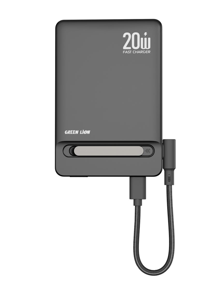 GREEN LION 5000mAh Bond PD 20W Power Bank, Portable PowerBank with MagSafe Compatibility, Ultra Slim Design & Built In Stand, Detachable Braided Type-C to Type-C Cable, Strong Magnets, Safety Protection, 15W Wireless Output, Mag Safe Power Bank Compatible with iPhone 14/15/16/17 Series - Black - Image 1