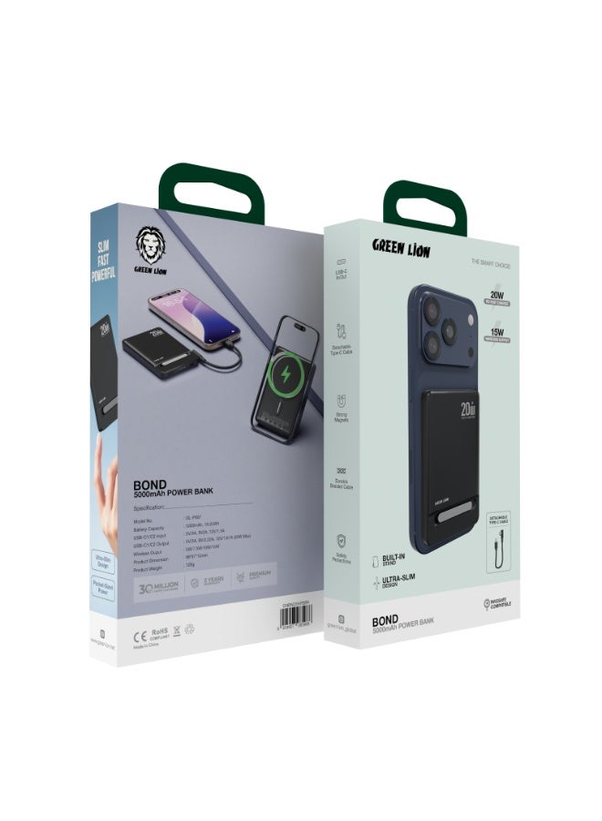 GREEN LION 5000mAh Bond PD 20W Power Bank, Portable PowerBank with MagSafe Compatibility, Ultra Slim Design & Built In Stand, Detachable Braided Type-C to Type-C Cable, Strong Magnets, Safety Protection, 15W Wireless Output, Mag Safe Power Bank Compatible with iPhone 14/15/16/17 Series - Black - Image 4