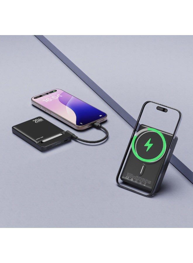 GREEN LION 5000mAh Bond PD 20W Power Bank, Portable PowerBank with MagSafe Compatibility, Ultra Slim Design & Built In Stand, Detachable Braided Type-C to Type-C Cable, Strong Magnets, Safety Protection, 15W Wireless Output, Mag Safe Power Bank Compatible with iPhone 14/15/16/17 Series - Black - Image 3