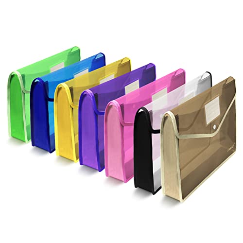 CASAON 7 Pack B4 Plastic File Folders Waterproof Transparent Expandable File Folder - Purple&Pink&Yellow&Green&White&Blue&Black - Image 1