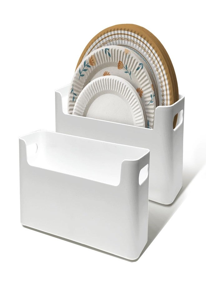 Pesilo Paper Plate Dispenser for 6-10 Inch Disposable Plates, 2 Pcs Space Saving Plastic Foam Paper Plates Storage Organizer for Kitchen Cabinet Countertop RV or Outdoor Party, Table Storage Organizer - Image 1