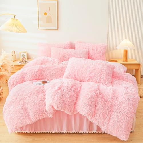 ERLOXO Fluffy Pink Faux Fur Comforter Cover SetFuzzy Plush Bedding 3Pcs 1 Faux Fur Duvet Cover 2 Fuzzy Pillowcases Fluffy Bed Set Pink Queen