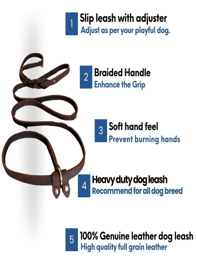 Leatherow Premium Leather Dog Training Slip Leash, 1/2 Inch Wide, Heavy Duty Lead, Adjustable with Slider, Soft Braided, for Small to Large Dogs (Brown, 6 ft) - Image 4