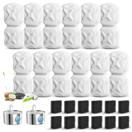 DrFlito Cat Water Fountain Filter Replacement,24 Pack Pet Fountain Filters - 12 Filters & 12 Sponges 74oz/2.2L Stainless Steel Pet Fountain Cat Water Dispenser - Image 1