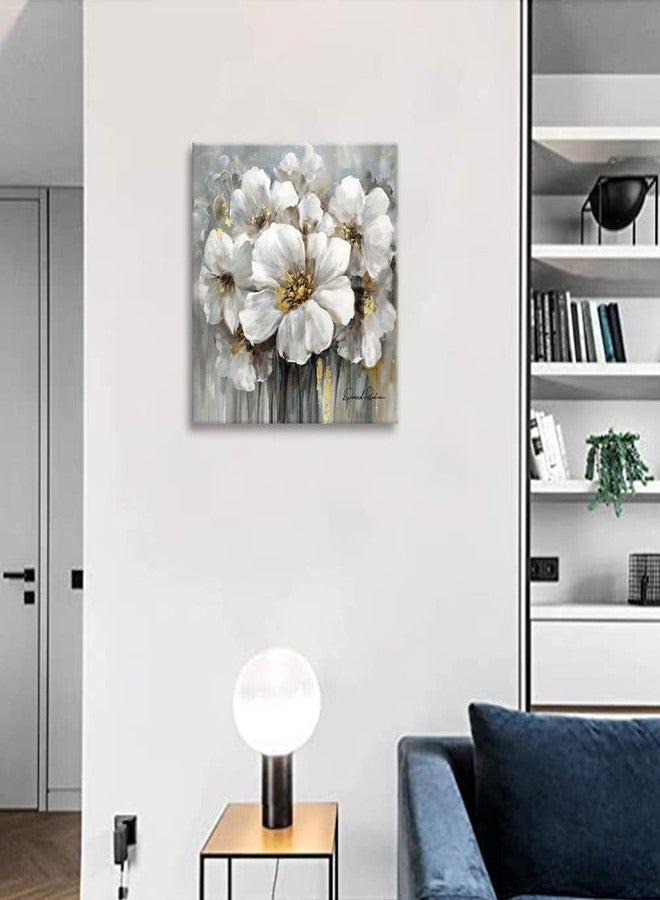 Woxfcart Living Room Flower Canvas Wall Art, White Floral Picture with Gold Decoration for Gray Bedroom Home Office Decor 30 x 30 Inch - Image 3