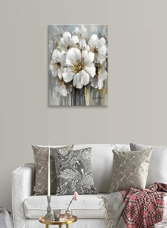 Woxfcart Living Room Flower Canvas Wall Art, White Floral Picture with Gold Decoration for Gray Bedroom Home Office Decor 30 x 30 Inch - Image 4