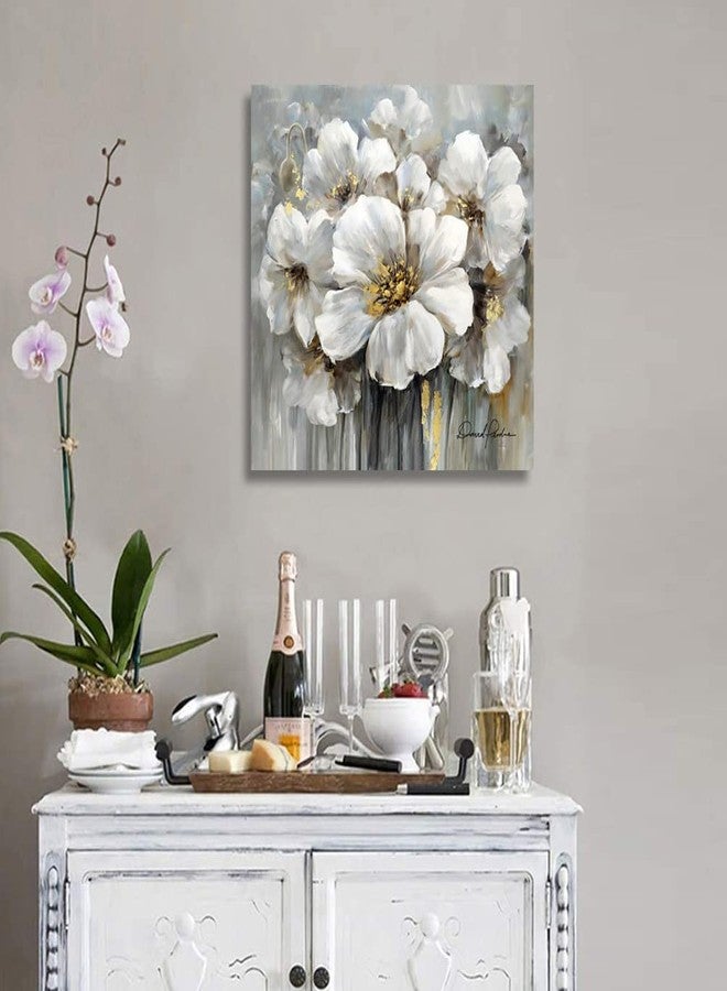 Woxfcart Living Room Flower Canvas Wall Art, White Floral Picture with Gold Decoration for Gray Bedroom Home Office Decor 30 x 30 Inch - Image 2