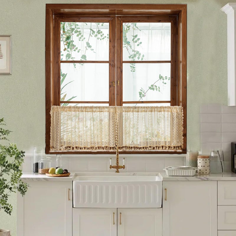 Sutuo Home Beige Boho Short Curtains for Kitchen Window Curtains Over Sink,Sheer Lace Crochet Bohemian Valance Privacy Vintage Chic Tassels Rustic Small Window Decor Rod Pocket,2 Panels 50" W x 18" L - Image 1