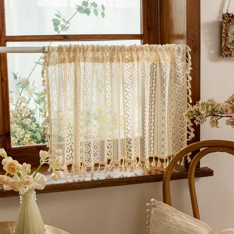 Sutuo Home Beige Boho Short Curtains for Kitchen Window Curtains Over Sink,Sheer Lace Crochet Bohemian Valance Privacy Vintage Chic Tassels Rustic Small Window Decor Rod Pocket,2 Panels 50" W x 18" L - Image 2