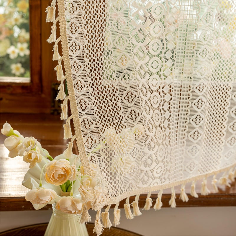 Sutuo Home Beige Boho Short Curtains for Kitchen Window Curtains Over Sink,Sheer Lace Crochet Bohemian Valance Privacy Vintage Chic Tassels Rustic Small Window Decor Rod Pocket,2 Panels 50" W x 18" L - Image 4