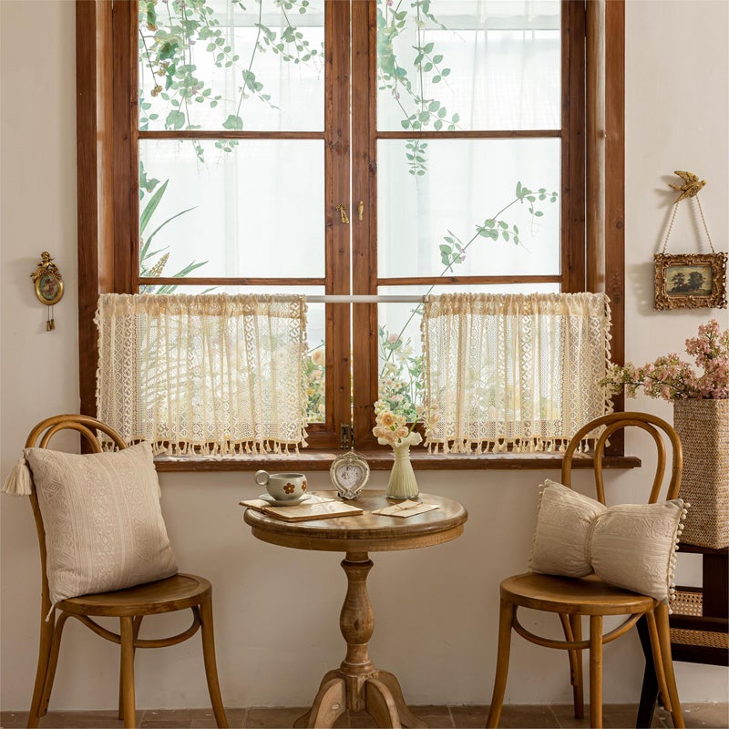 Sutuo Home Beige Boho Short Curtains for Kitchen Window Curtains Over Sink,Sheer Lace Crochet Bohemian Valance Privacy Vintage Chic Tassels Rustic Small Window Decor Rod Pocket,2 Panels 50" W x 18" L - Image 3