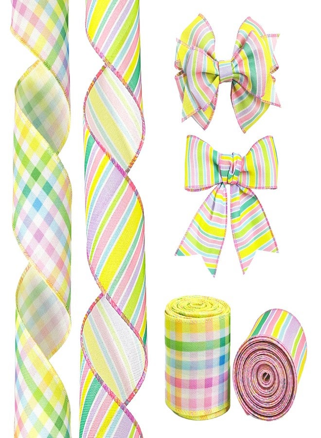 QZV 2 Rolls Easter Flag Ribbons Wired for Wreath Bow Wrapping Gifts,2.5"×10 Yards Wired Edge Red Green Stripe Serape for Gift Wrapping Party Decoration (Easter) - Image 1