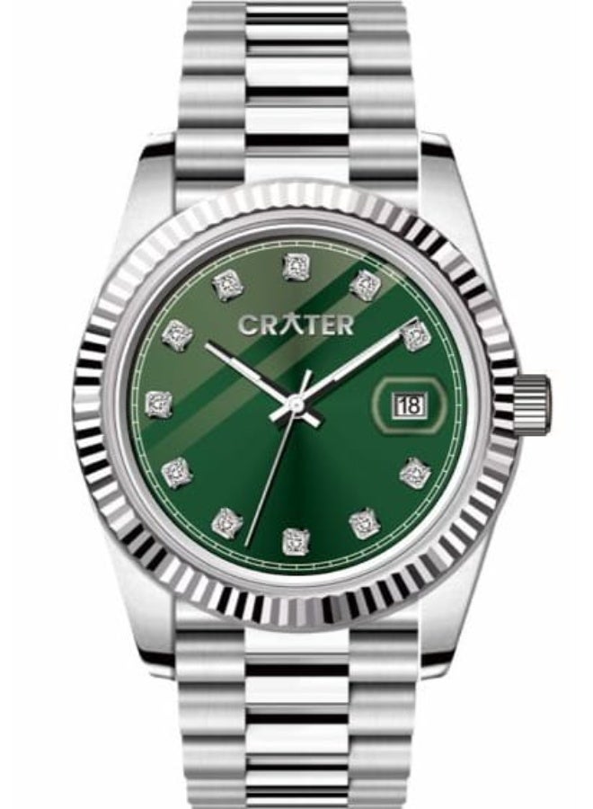 كريتر  ساعة كريتر (CRATER) للرجال – تصميم ملكي فاخر من الستانلس ستيل، مينا كلاسيكي مع عرض التاريخ، مقاومة للماء – تشمل علبة الماركة (فضي /أخضر). - Image 1