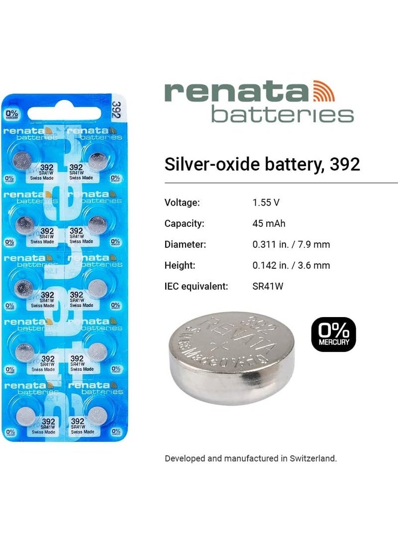 ريناتا بطاريات ريناتا، عبوة من 5 بطاريات ساعة من أكسيد الفضة، 1.55 فولت، 392 SR41W - صناعة سويسرية، خالية من الزئبق - Image 2
