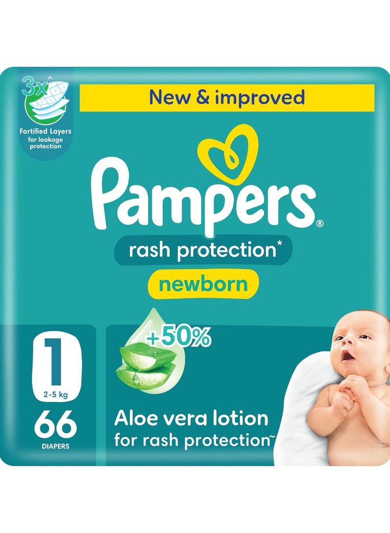 Pampers Rash Protection Taped Diapers, Size 1, 2-5kg, +50% Aloe Vera Lotion for Rash Protection, 3x Fortified Layers for Leakage Protection, Jumbo Pack, 66 Count